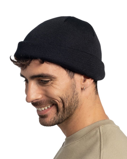Black Coloured Buff Lilon Fisherman Knitted Beanie on white background #colour_black