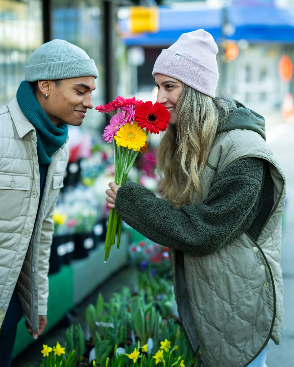Opaline Coloured Buff Lilon Fisherman Knitted Beanie on street background #colour_opaline