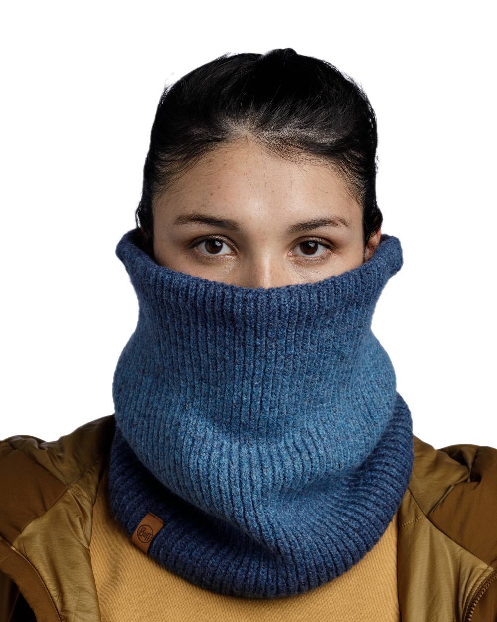 Denim Coloured Buff Marin Knitted & Polar Neck Warmer on white background #colour_denim