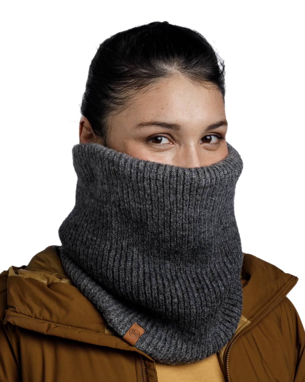 Graphite Coloured Buff Marin Knitted & Polar Neck Warmer on white background #colour_graphite