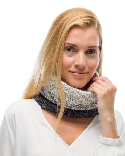 Grey Coloured Buff Masha Knitted Polar Neck Warmer on white background #colour_grey