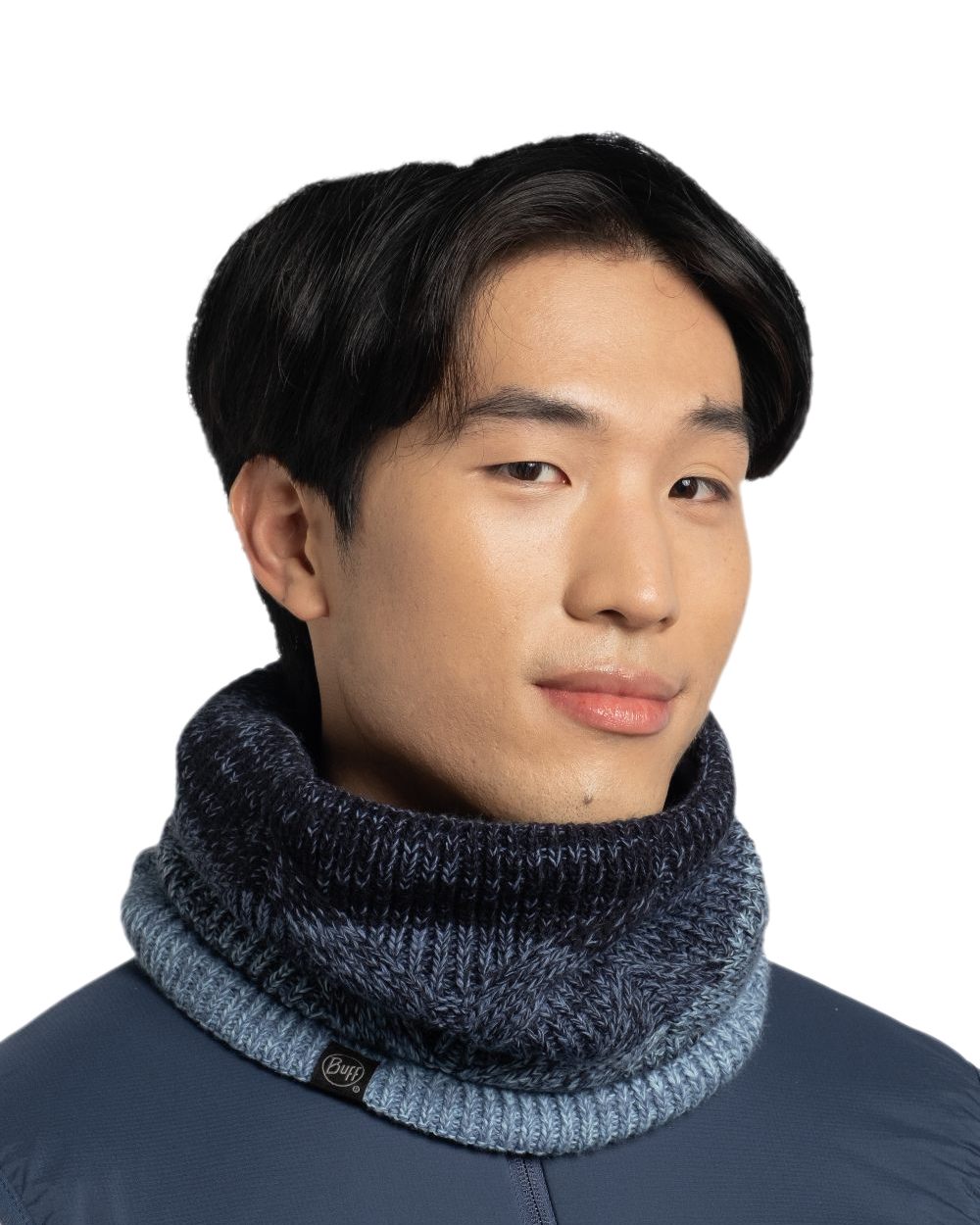 Water Coloured Buff Masha Knitted Polar Neck Warmer on white background #colour_water