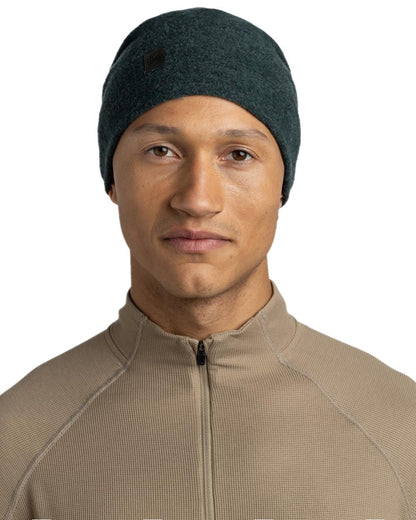Forest Coloured Buff Merino Fleece Beanie on white background #colour_forest