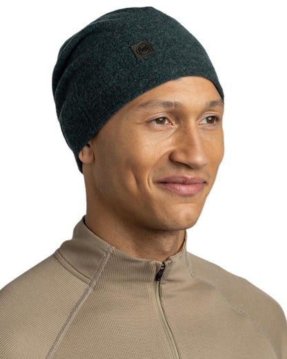 Forest Coloured Buff Merino Fleece Beanie on white background #colour_forest