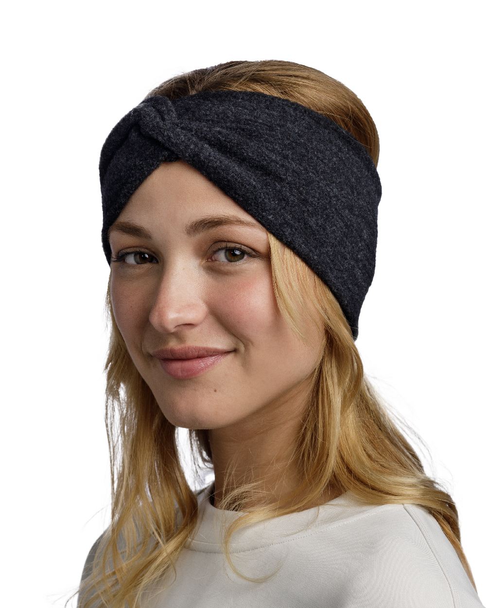 Black Coloured Buff Merino Fleece Headband on white background #colour_black