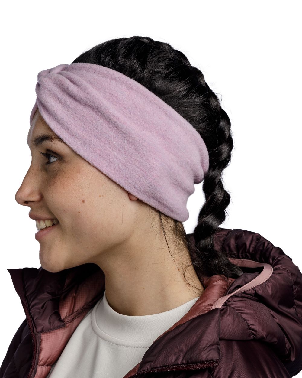 Lilac Sand Coloured Buff Merino Fleece Headband on white background #colour_lilac-sand