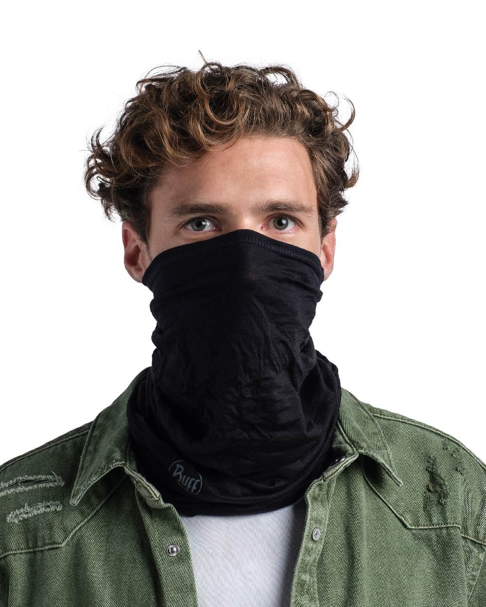 Black Coloured Buff Merino Lightweight Neck Warmer on white background #colour_black