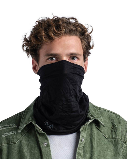 Black Coloured Buff Merino Lightweight Neck Warmer on white background #colour_black