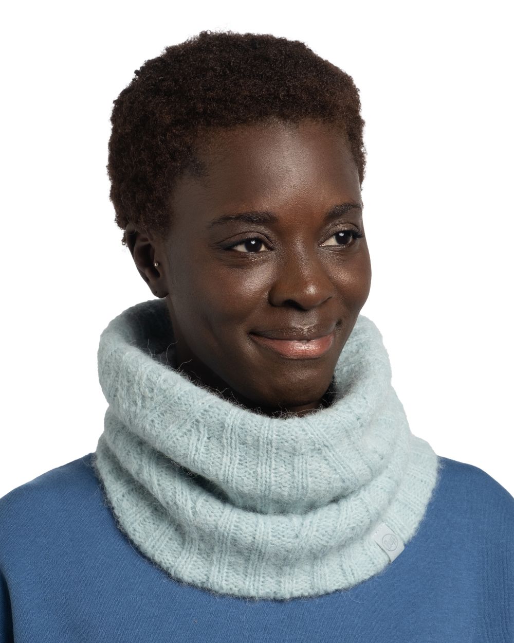 Pool coloured Buff Nerla Knitted Neck Warmer on white background #colour_pool