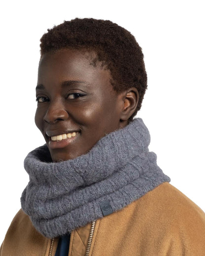 Water coloured Buff Nerla Knitted Neck Warmer on white background #colour_water