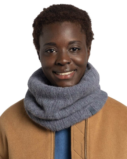 Water coloured Buff Nerla Knitted Neck Warmer on white background #colour_water
