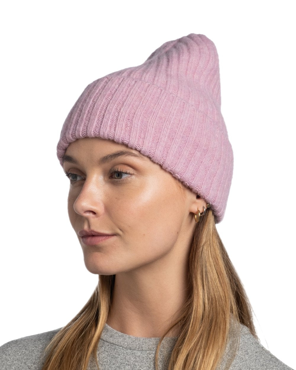 Camellia Coloured Buff Nilah Knitted Beanie on white background #colour_camellia