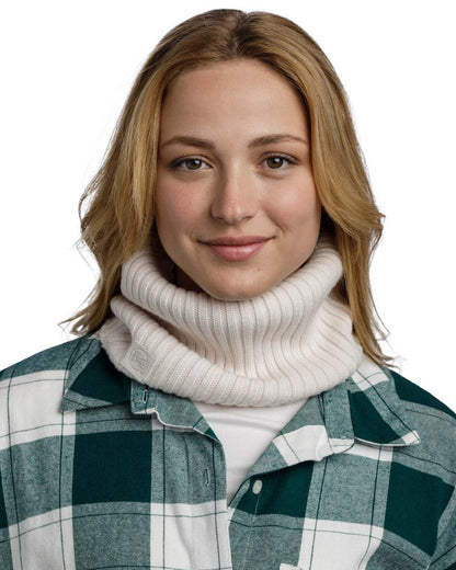 Ice Coloured Buff Norval Merino Wool Knitted Neck Warmer on white background #colour_ice