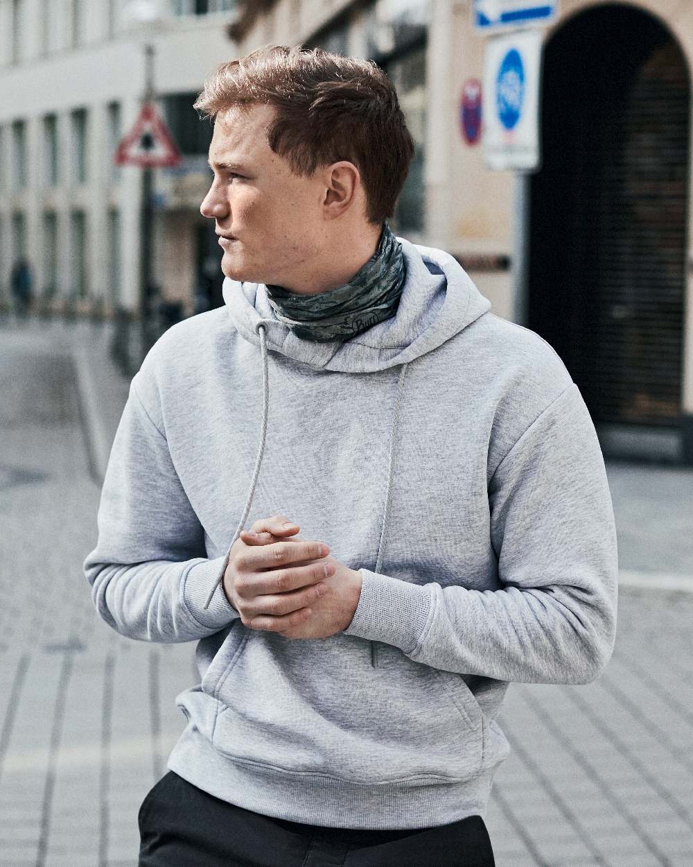 Bark Coloured Buff Original EcoStretch Neckwear on street background #colour_bark