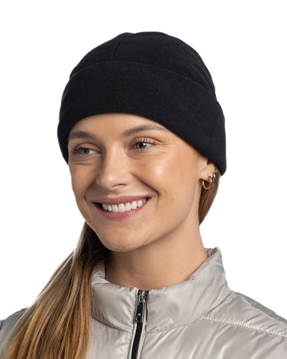 Black Coloured Buff Polar Prints Beanie on white background #colour_black