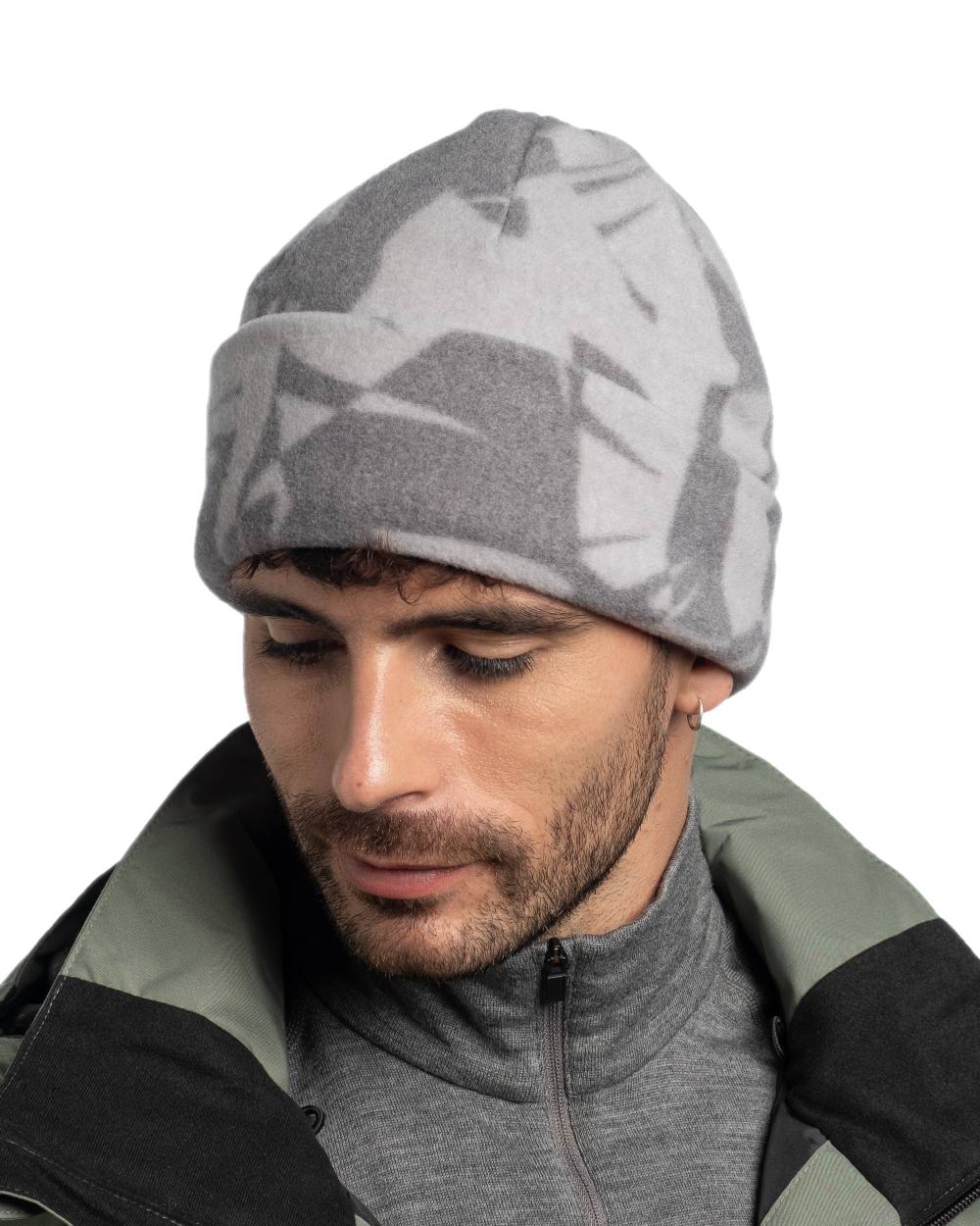 Bondu Grey Coloured Buff Polar Prints Beanie on white background #colour_bondu-grey