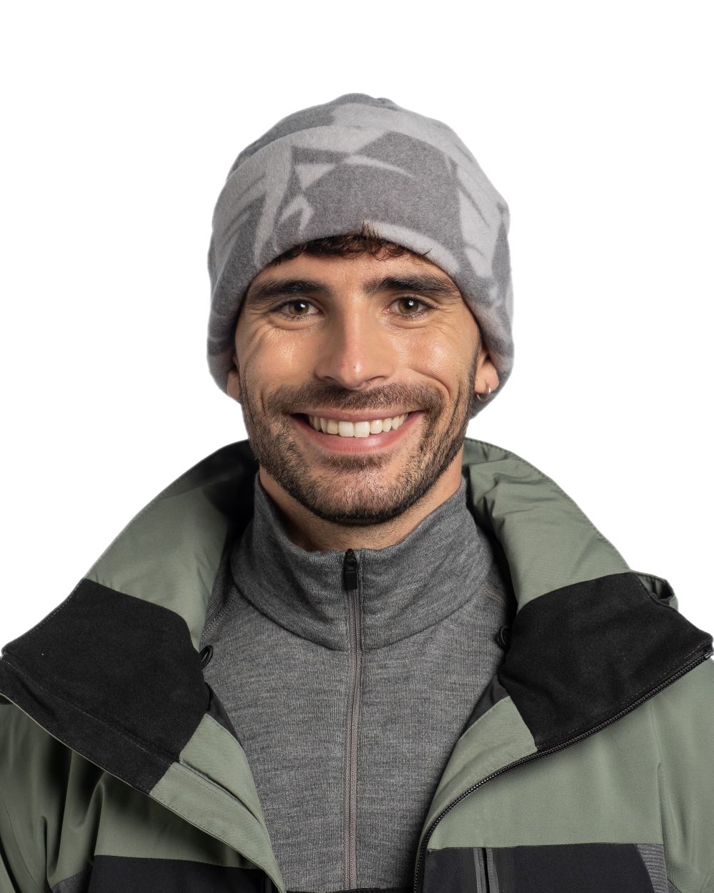 Bondu Grey Coloured Buff Polar Prints Beanie on white background #colour_bondu-grey