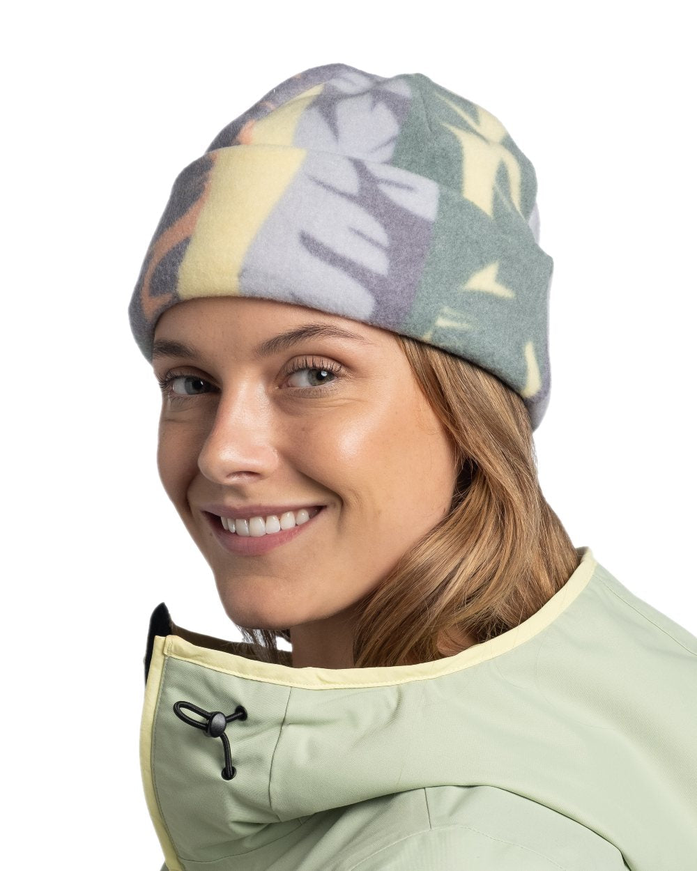 Simbo Multi Coloured Buff Polar Prints Beanie on white background #colour_simbo-multi