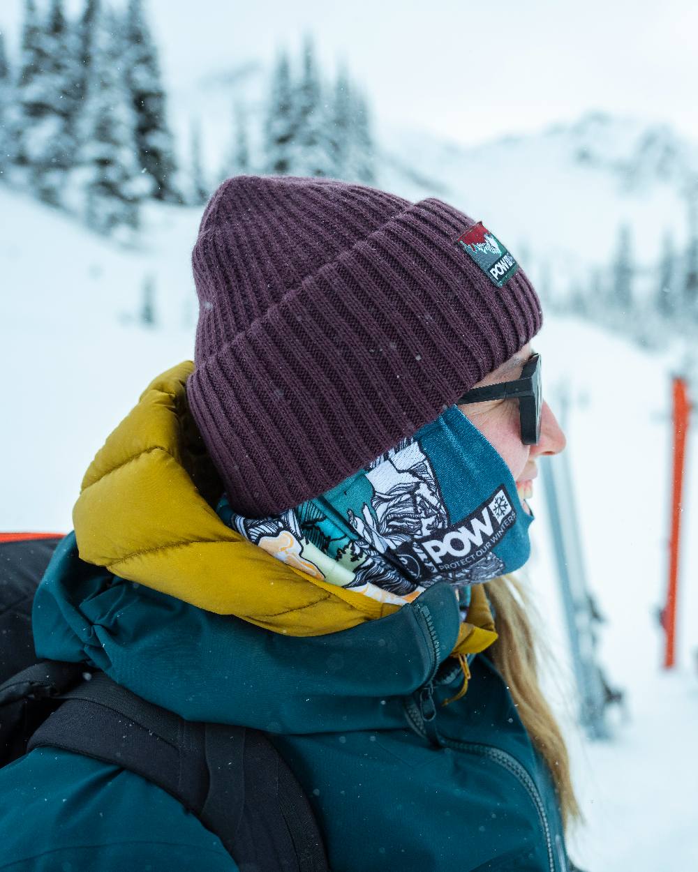 Purple Coloured Buff Rutger Pow Shadow Knitted Beanie on snow background #colour_purple