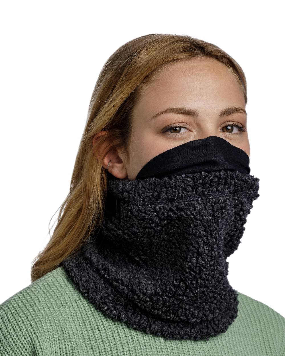 Black Coloured Buff Switch Polar Neck Warmer on white background #colour_black
