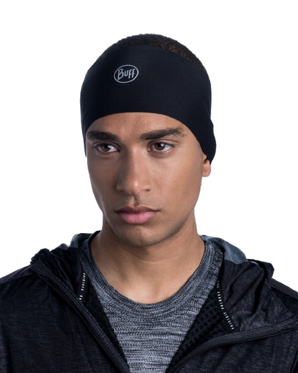 Black Coloured Buff Tech Polar Headband on white background #colour_black