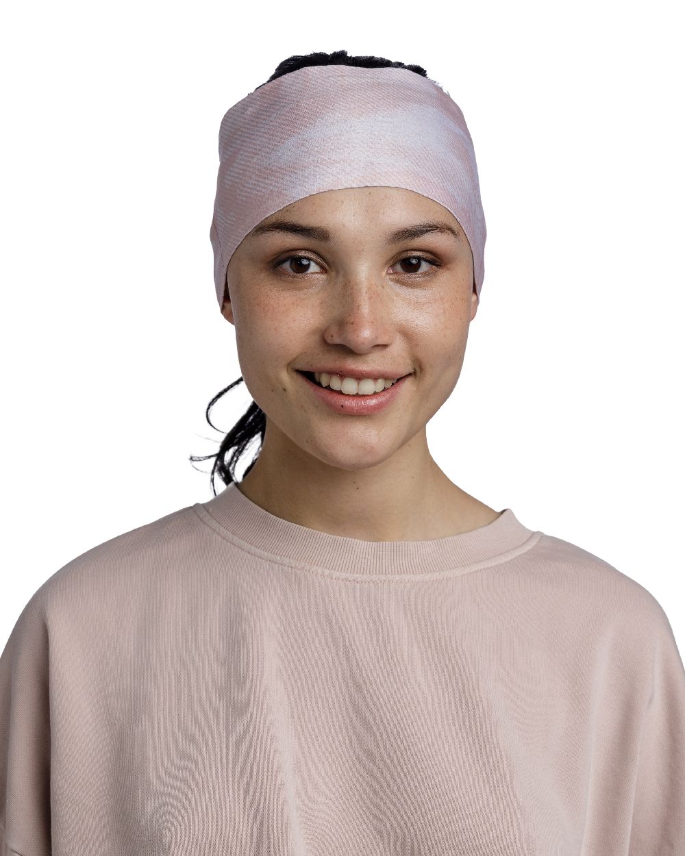Leev Pale Pink Coloured Buff Thermonet Headband on white background #colour_leev-pale-pink