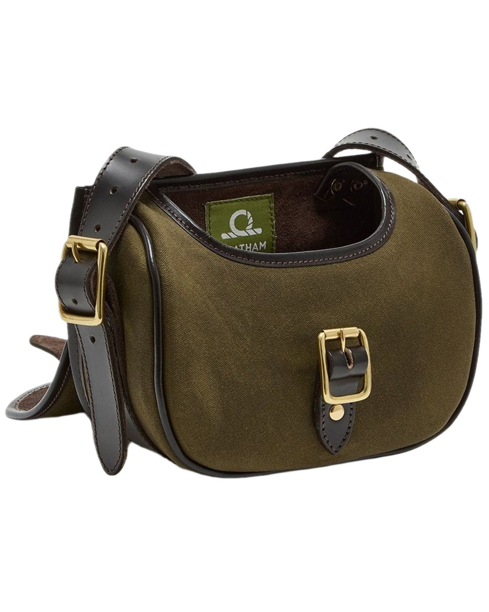Green Dark Brown Coloured Chatham Antique Waxed Canvas Cartridge Bag on white background #colour_green-dark-brown