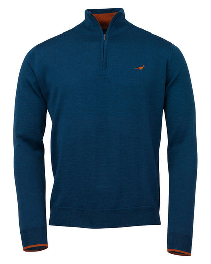 Deep Ocean Coloured Laksen Norfolk Zip Neck Merino Sweater On A White Background #colour_deep-ocean