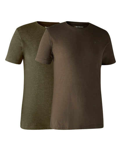 Adventure Green Melange Brown Leaf Melange coloured Deerhunter Basic 2-Pack T-Shirt on white background #colour_adventure-green-melange-brown-leaf-melange