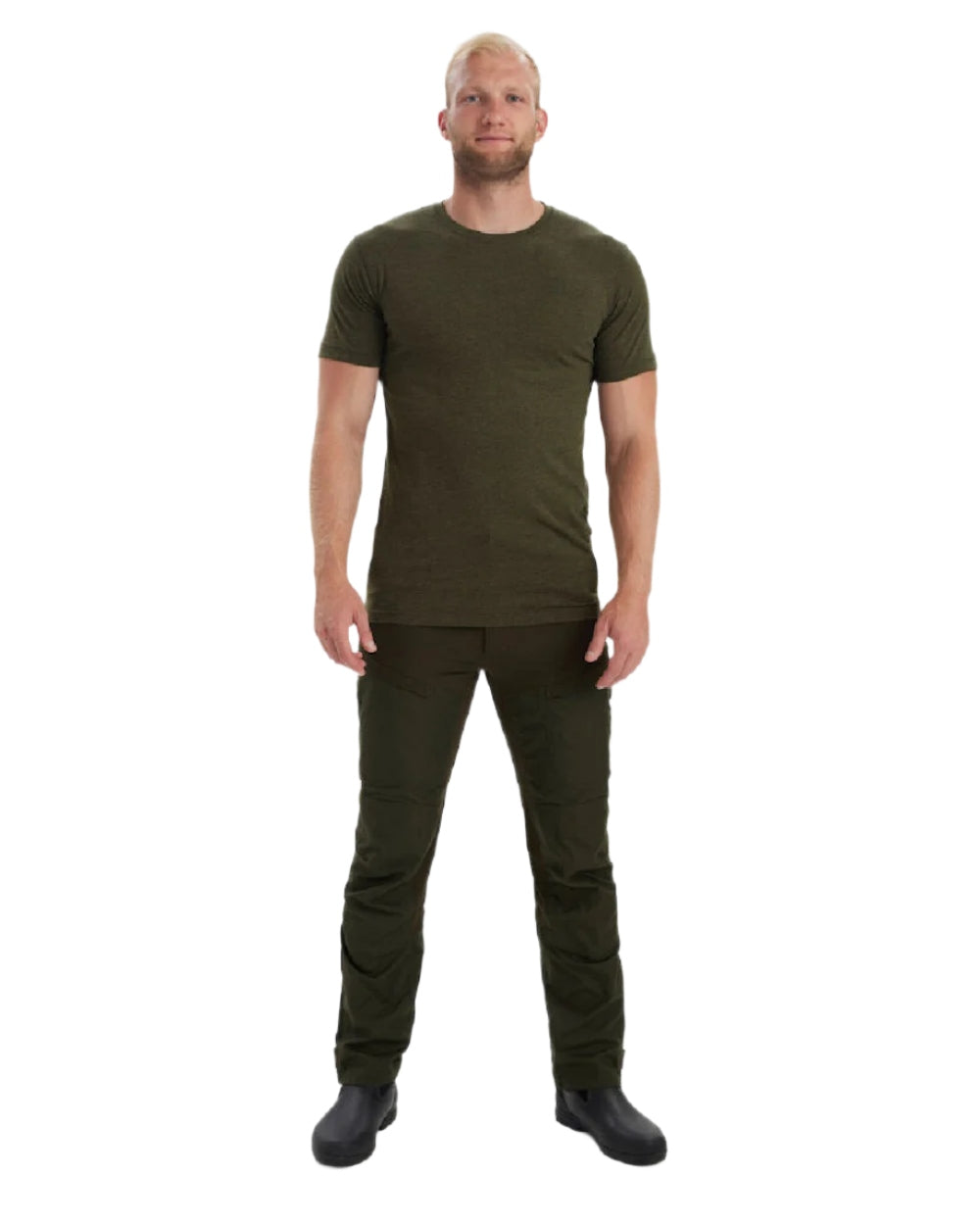 Adventure Green Melange coloured Deerhunter Basic 2-Pack T-Shirt on white background #colour_adventure-green-melange