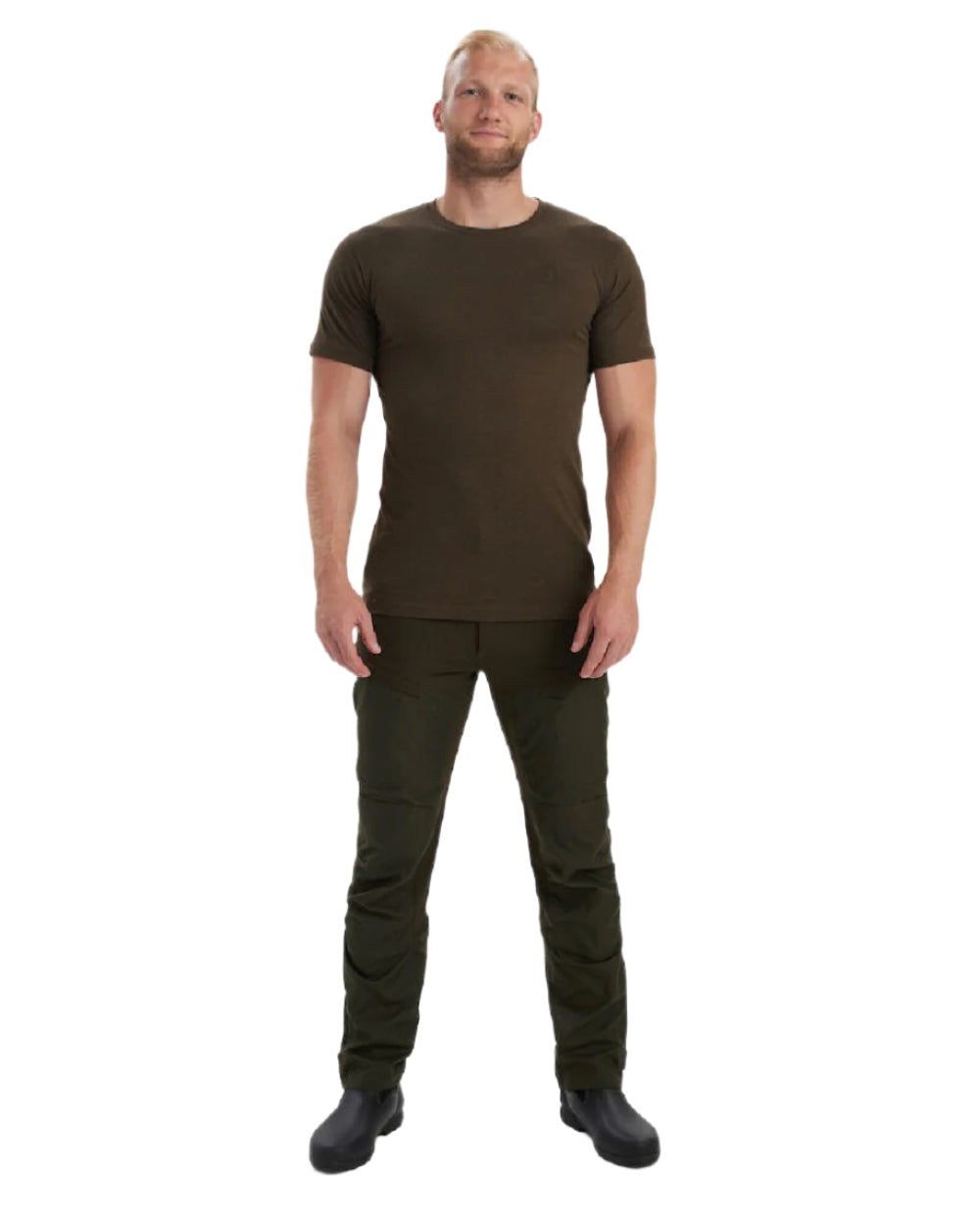 Brown Leaf Melange coloured Deerhunter Basic 2-Pack T-Shirt on white background #colour_brown-leaf-melange