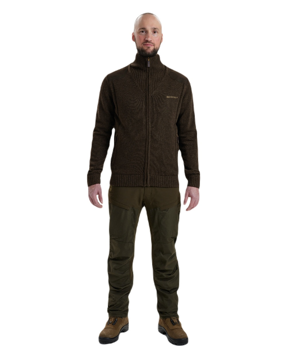Dark Elm Melange coloured Deerhunter Carlisle Knit Cardigan With Stormliner on white background #colour_dark-elm