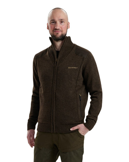 Dark Elm Melange coloured Deerhunter Carlisle Knit Cardigan With Stormliner on white background #colour_dark-elm