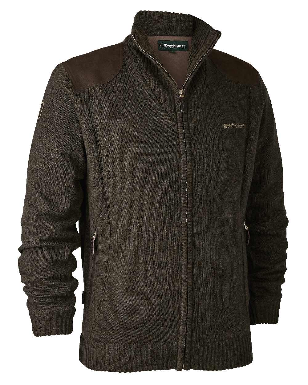Dark Elm Melange coloured Deerhunter Carlisle Knit Cardigan With Stormliner on white background #colour_dark-elm