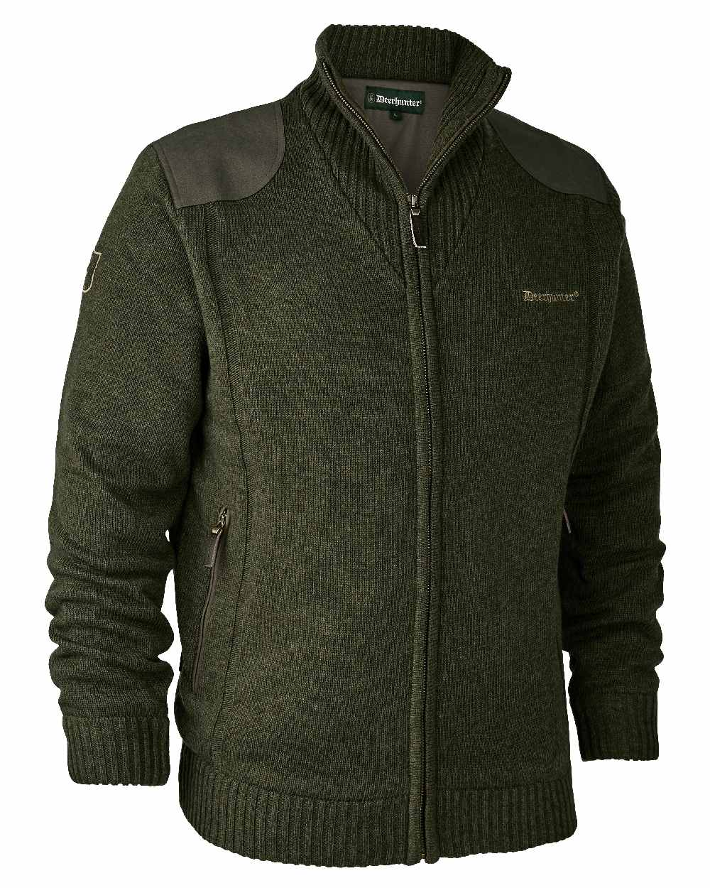 Green Melange coloured Deerhunter Carlisle Knit Cardigan With Stormliner on white background #colour_green-melange