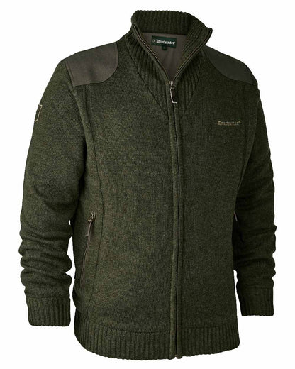 Green Melange coloured Deerhunter Carlisle Knit Cardigan With Stormliner on white background #colour_green-melange
