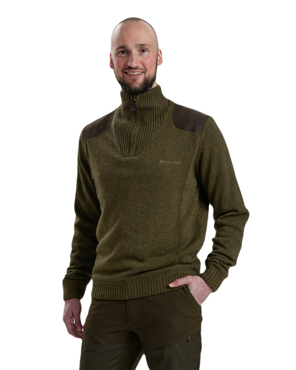 Cypress coloured Deerhunter Carlisle Knit with Stormliner Zip Neck Sweater on white background #colour_cypress