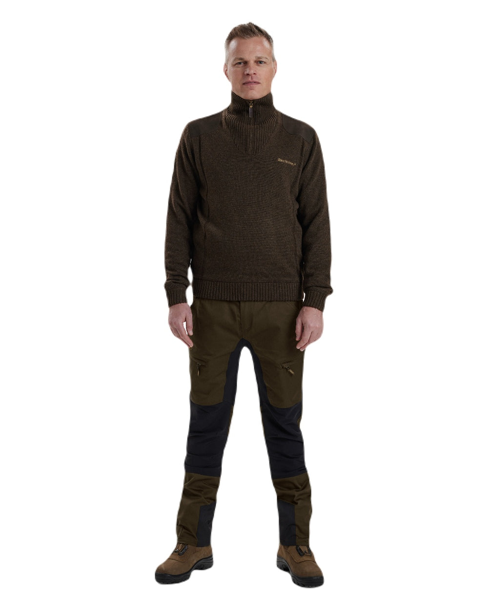 Dark Elm coloured Deerhunter Carlisle Knit with Stormliner Zip Neck Sweater on white background #colour_dark-elm