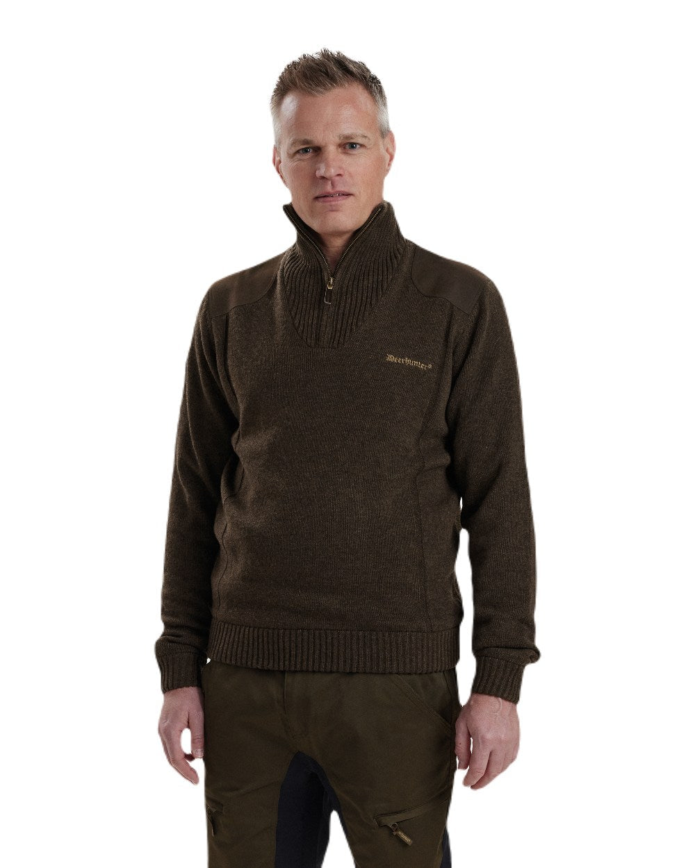 Dark Elm coloured Deerhunter Carlisle Knit with Stormliner Zip Neck Sweater on white background #colour_dark-elm