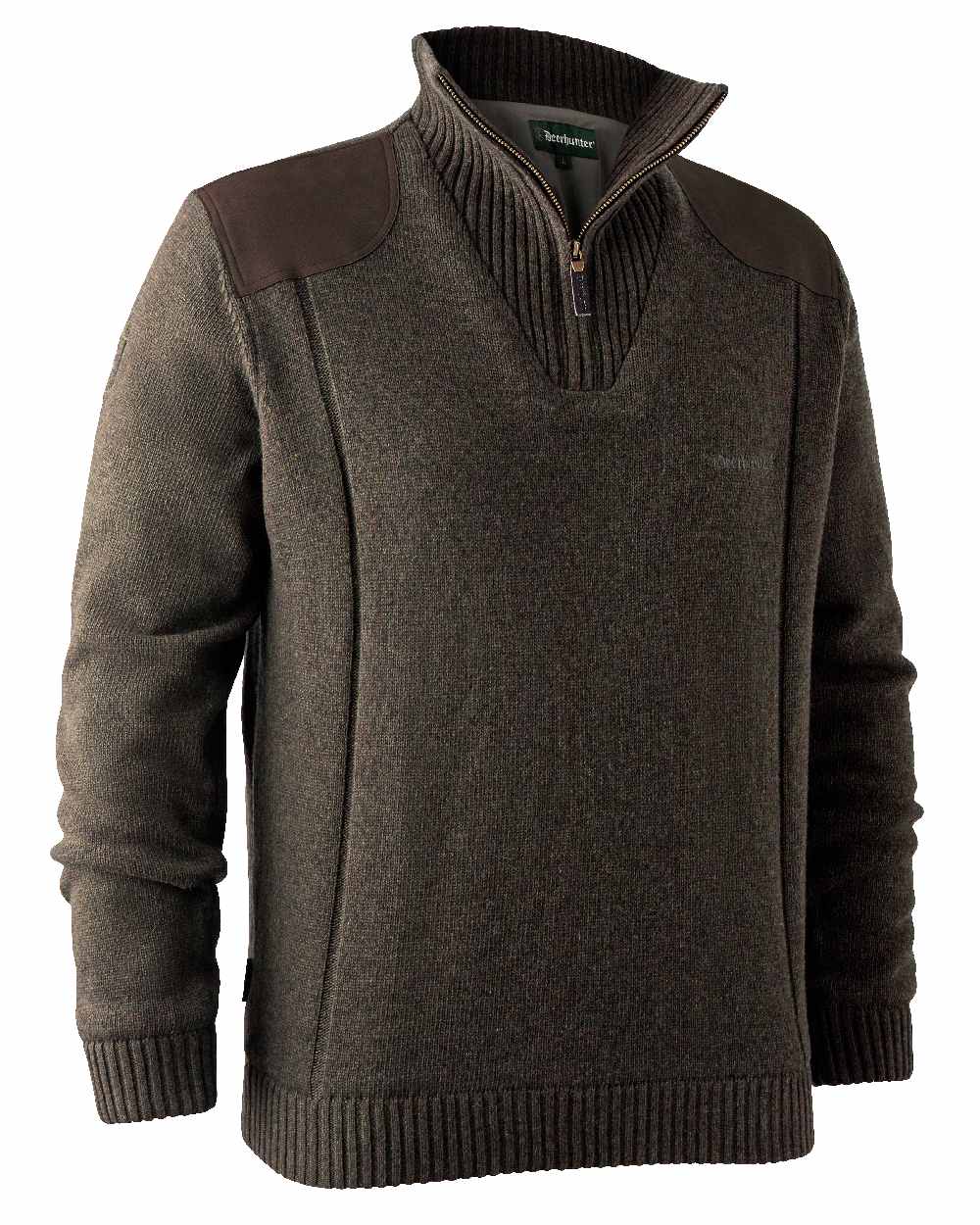 Dark Elm coloured Deerhunter Carlisle Knit with Stormliner Zip Neck Sweater on white background #colour_dark-elm