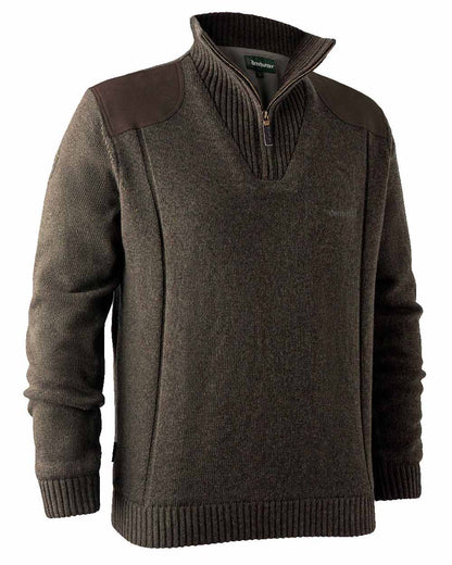 Dark Elm coloured Deerhunter Carlisle Knit with Stormliner Zip Neck Sweater on white background #colour_dark-elm