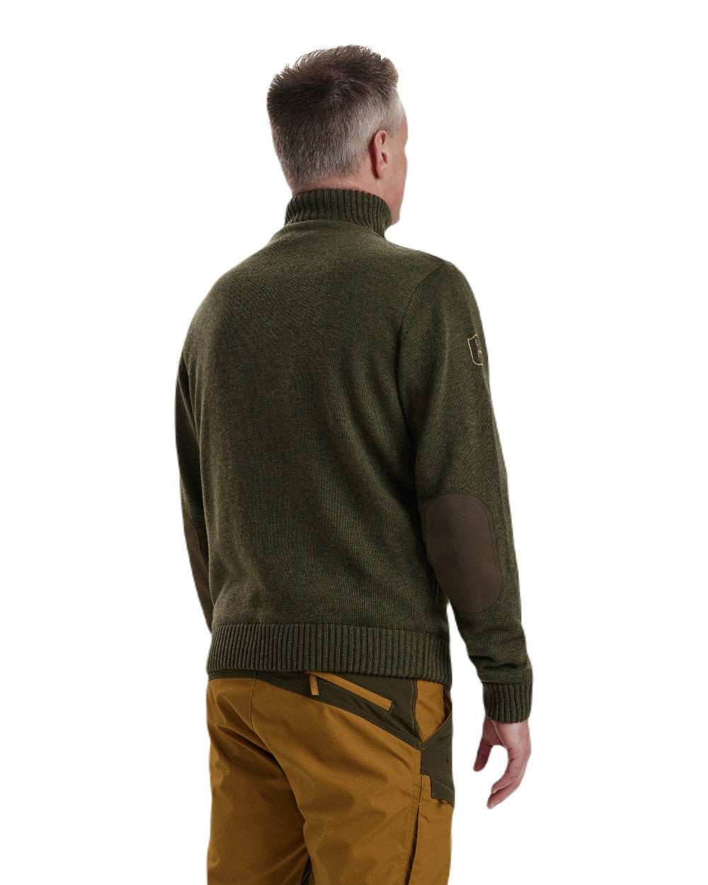 Green Melange coloured Deerhunter Carlisle Knit with Stormliner Zip Neck Sweater on white background #colour_green-melange