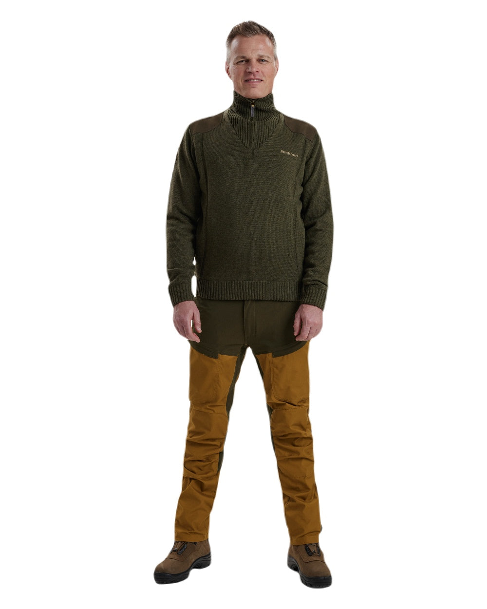 Green Melange coloured Deerhunter Carlisle Knit with Stormliner Zip Neck Sweater on white background #colour_green-melange