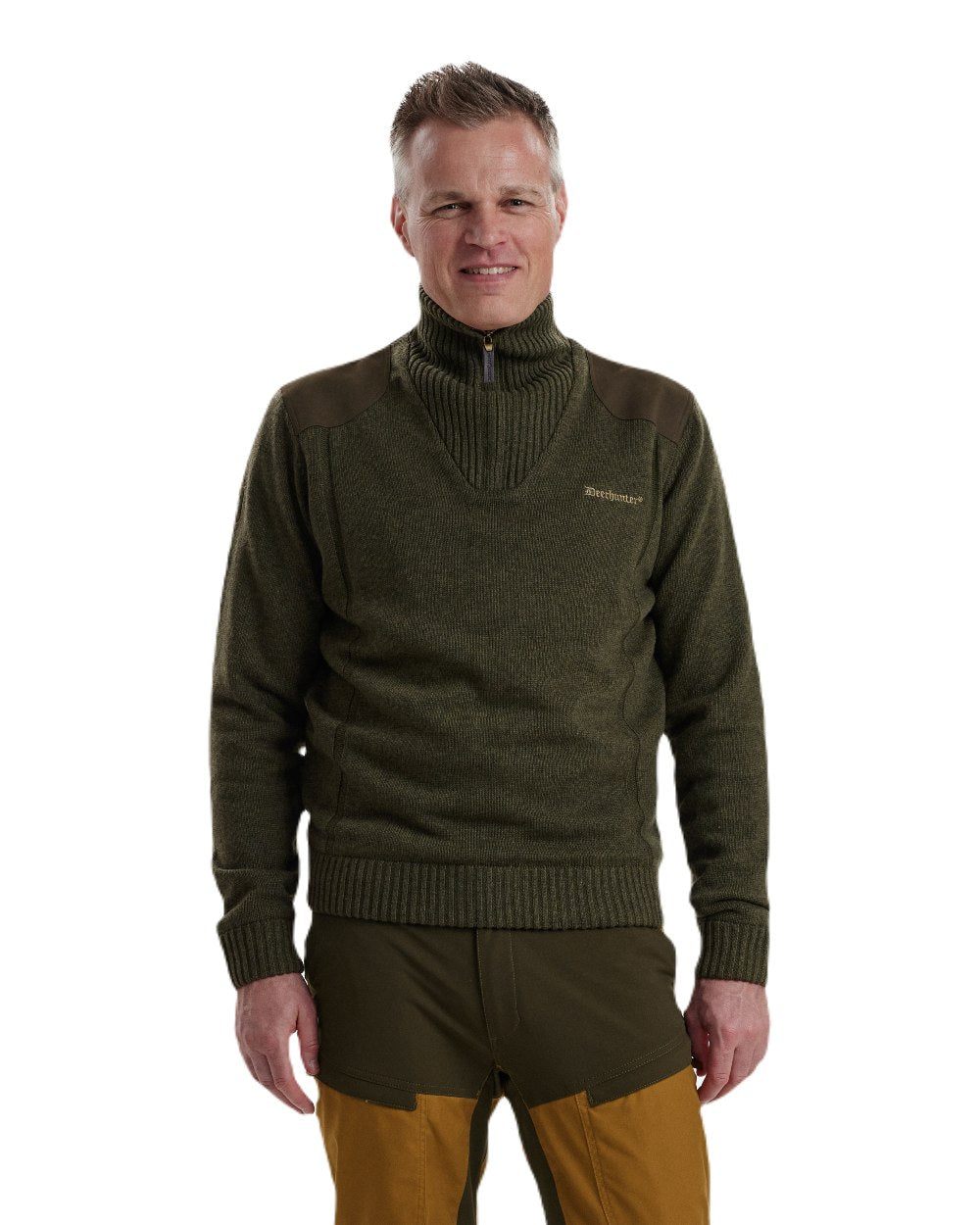 Green Melange coloured Deerhunter Carlisle Knit with Stormliner Zip Neck Sweater on white background #colour_green-melange