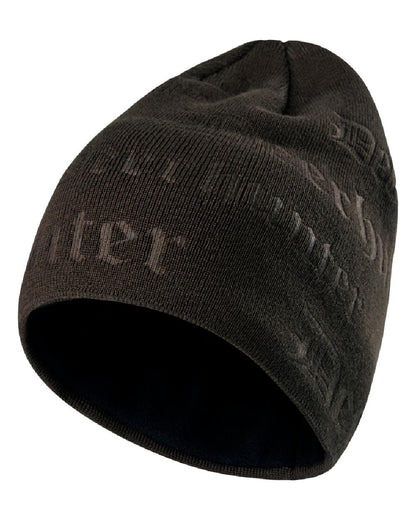 Walnut coloured Deerhunter Embossed Logo Beanie on wood background #colour_walnut