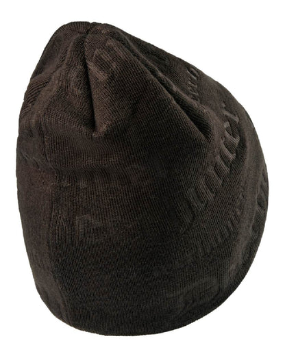 Walnut coloured Deerhunter Embossed Logo Beanie on wood background #colour_walnut