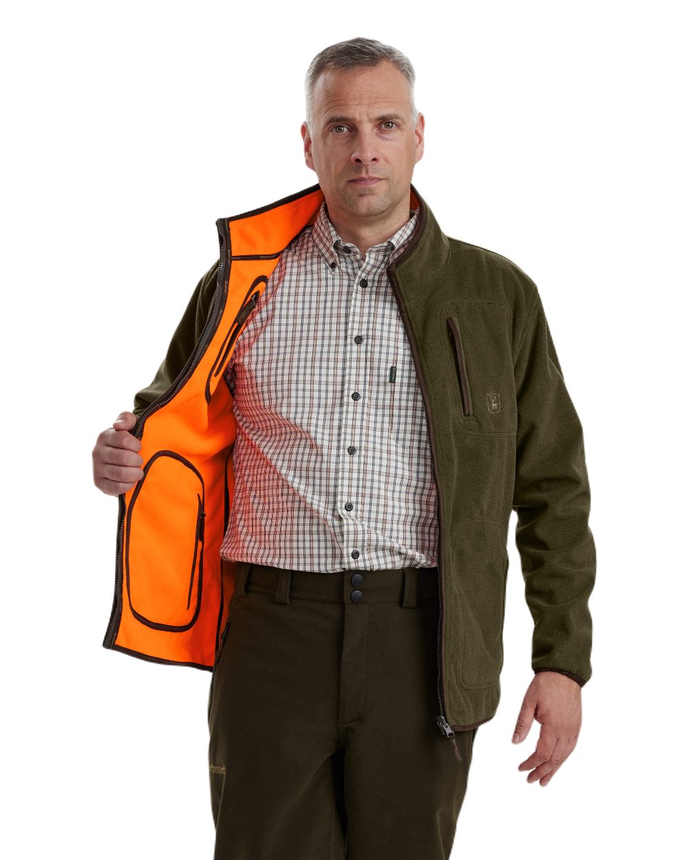 Canteen Orange coloured Deerhunter Gamekeeper Reversible Bonded Fleece Jacket on white background #colour_canteen-orange