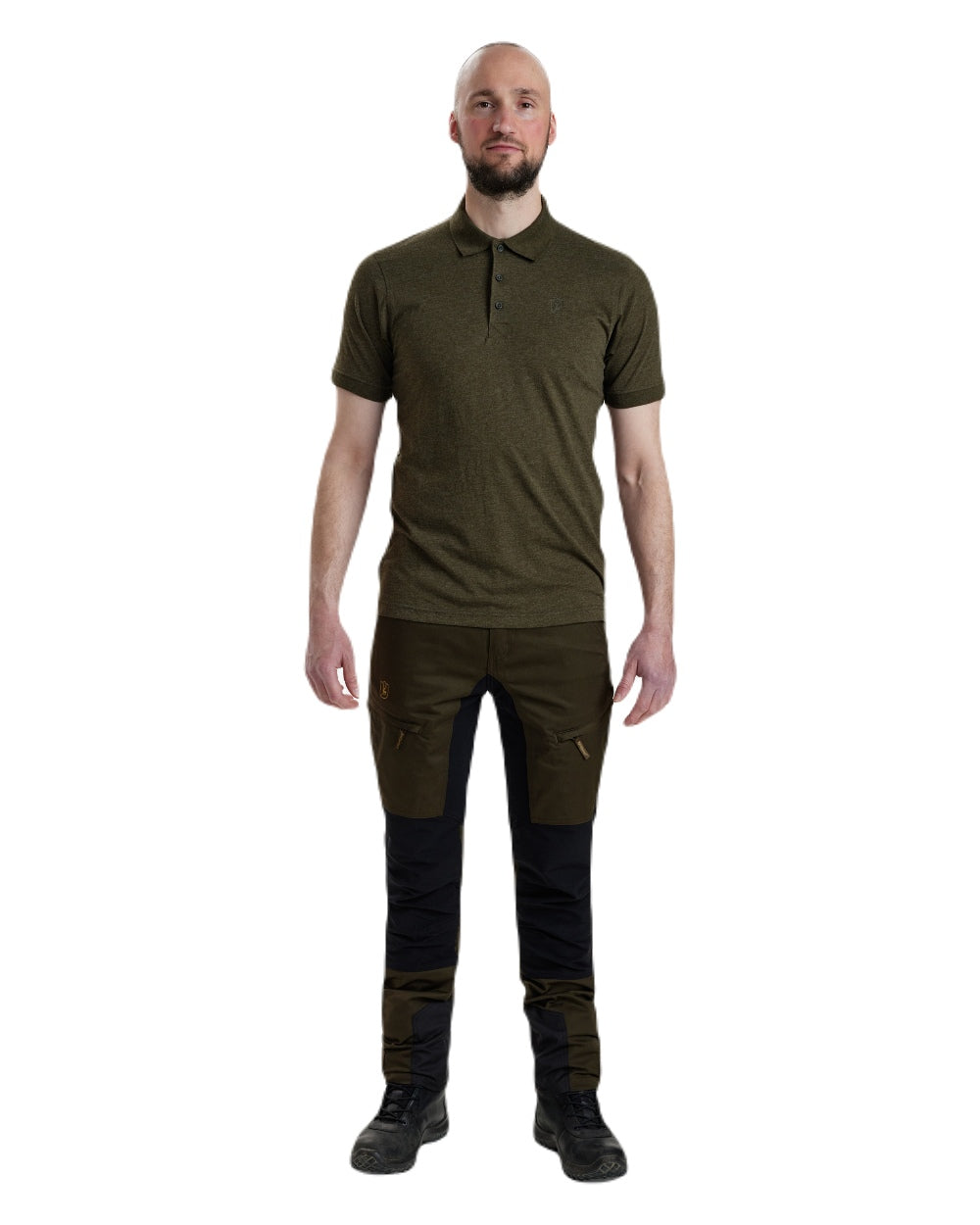 Adventure Green Melange coloured Deerhunter Gunnar Polo Shirt on white background #colour_adventure-green-melange