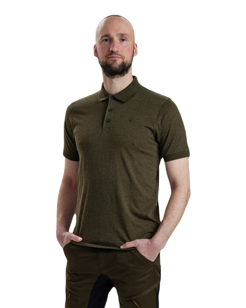 Adventure Green Melange coloured Deerhunter Gunnar Polo Shirt on white background #colour_adventure-green-melange