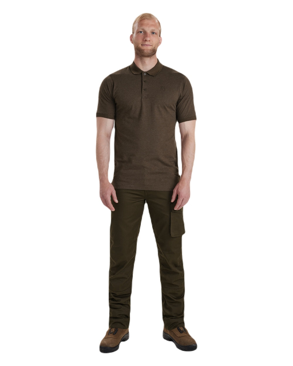 Brown Leaf Melange coloured Deerhunter Gunnar Polo Shirt on white background #colour_brown-leaf-melange